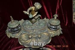 1800s Intricate VICTORIAN BRASS Double INKWELL with Cherub MUST SEE