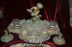 1800s Intricate VICTORIAN BRASS Double INKWELL with Cherub MUST SEE