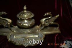 1800s Intricate VICTORIAN BRASS INKWELL with Dragons on both sides MUST SEE