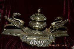 1800s Intricate VICTORIAN BRASS INKWELL with Dragons on both sides MUST SEE
