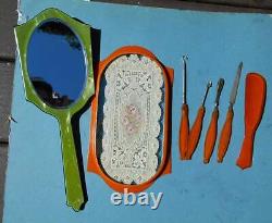 1930 Celluloid Cameo Hand Mirror Lace Vanity Antique Shell Erato Poetry Must See