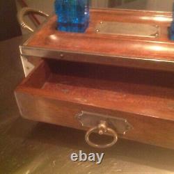 19th century WRITTING DESKTOP SET BLUE GLASS INKWELLS VERY DETAILED MUST SEE