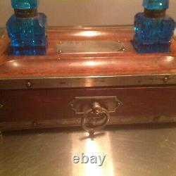 19th century WRITTING DESKTOP SET BLUE GLASS INKWELLS VERY DETAILED MUST SEE
