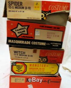 5 boxed Halloween costumes and 4 separate masks 1960 era must see box lot estate