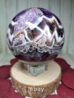 Amethyst Crystal Sphere 8.4cm 978g Chevron Dream + Stand Healing Gift Must see