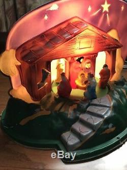 Antique Rare Wind Up Nativity Blow Mold Plastic Lighted Must See