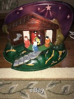 Antique Rare Wind Up Nativity Blow Mold Plastic Lighted Must See