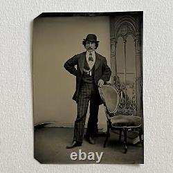 Antique Tintype Photograph Dapper Charming Handsome Man Hat On Hat Off Must See