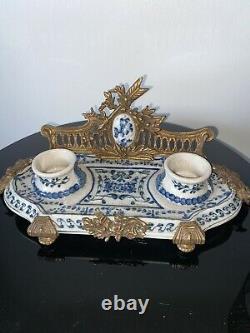 Castilian Brass & Porcelain Inkwell RARE Beauty Must SEE Signed