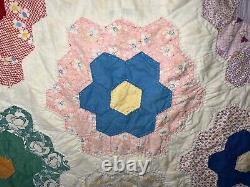 FABULOUS ESTATE VINTAGE FEED SACK GRANDMOTHER'S FLOWER QUILT90x80 MUST SEE