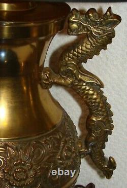 FABULOUS PAIR OF FRENCH BRASS REPOUSSÉ DRAGON LAMPS Must See
