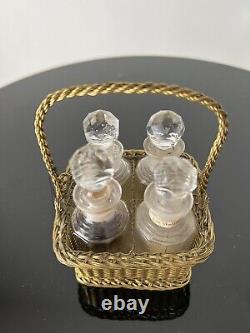 FRENCH 4 Perfume Bottles in Gold Metal Basket Brass MUST See French Labels