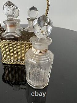 FRENCH 4 Perfume Bottles in Gold Metal Basket Brass MUST See French Labels