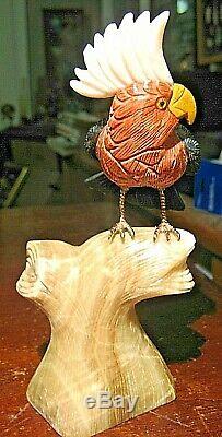 Hand Carved Genuine Gemstones Parrot Figurine Bird Statue Stone Base 7 Must See