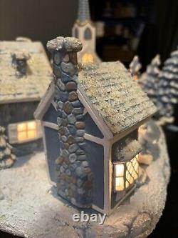Handmade Vintage Ceramic Light-up Christmas Village Set Of 14 On Base MUST SEE