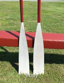 LOVELY Pair OLD WOODEN SPOON OARS 84 with COLOR + LEATHER Paddles Boat MUST SEE
