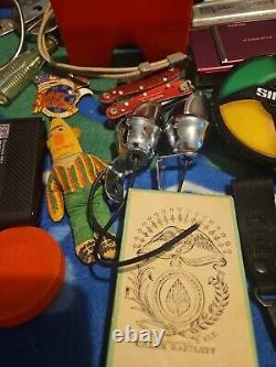 Large Junk Drawer Lot Knives, Cards Harmonica Camera MUST SEE