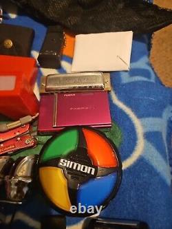 Large Junk Drawer Lot Knives, Cards Harmonica Camera MUST SEE