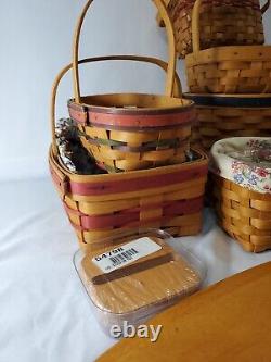 Longaberger Lot Of 11 Baskets, 6 Wooden Lids, 5 Fabrics Must See Vintage USA