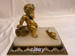 Magnificent French 1900 Bronze Marble Boy Scared Of Snail'must See