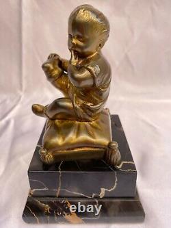 Magnificent French 1900's Bronze On Marble Of Baby Sitting'must See