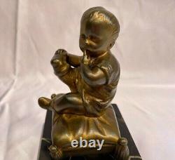 Magnificent French 1900's Bronze On Marble Of Baby Sitting'must See