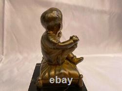 Magnificent French 1900's Bronze On Marble Of Baby Sitting'must See