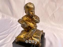 Magnificent French 1900's Bronze On Marble Of Baby Sitting'must See