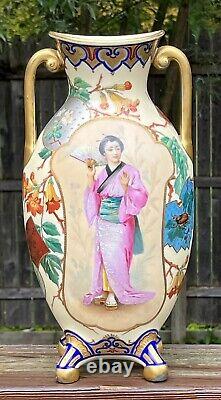 Must See! French Hand Painted Geisha Girl 1880's Porcelain Vase Limoges