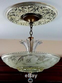 Must See! LARGE PERFECT ART DECO GLASS CHANDELIER 5-LIGHT Fully Restored