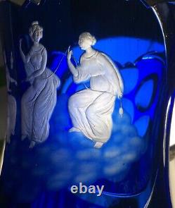 Must See! Moser Hoffman Cut Art Glass Cobalt to Clear Mythological Vase