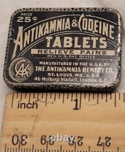 RARE VINTAGE ANTIKAMNIA TIN COMPOUND TABLETS w AWESOME GRAPHICS EMPTY MUST SEE