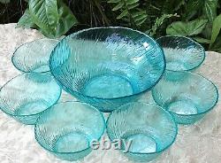 RARE Vintage ITALIAN (7Pc) Art Glass AQUAMARINE RIPPLE ICE BOWLS SET Collectable