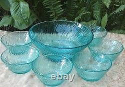 RARE Vintage ITALIAN (7Pc) Art Glass AQUAMARINE RIPPLE ICE BOWLS SET Collectable