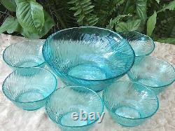 RARE Vintage ITALIAN (7Pc) Art Glass AQUAMARINE RIPPLE ICE BOWLS SET Collectable