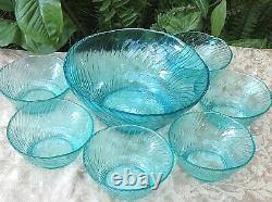 RARE Vintage ITALIAN (7Pc) Art Glass AQUAMARINE RIPPLE ICE BOWLS SET Collectable