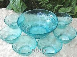 RARE Vintage ITALIAN (7Pc) Art Glass AQUAMARINE RIPPLE ICE BOWLS SET Collectable