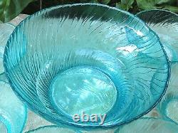 RARE Vintage ITALIAN (7Pc) Art Glass AQUAMARINE RIPPLE ICE BOWLS SET Collectable