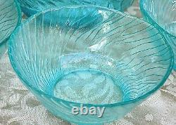 RARE Vintage ITALIAN (7Pc) Art Glass AQUAMARINE RIPPLE ICE BOWLS SET Collectable