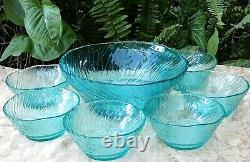 RARE Vintage ITALIAN (7Pc) Art Glass AQUAMARINE RIPPLE ICE BOWLS SET Collectable