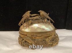 Rare Antique Authentic Shell, Bronze Brass Birds Nest Trinket Box Must See Nr