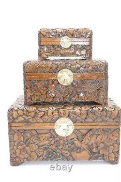 Set of 3 Vintage Asian Hand-Carved Wooden Boxes Bird & Floral Designs MUST SEE