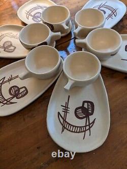 Set of Six Mid-century Art and Motif Plates with Cups RARE Fantastic Must See