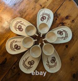 Set of Six Mid-century Art and Motif Plates with Cups RARE Fantastic Must See