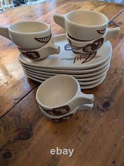 Set of Six Mid-century Art and Motif Plates with Cups RARE Fantastic Must See