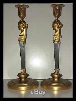 Stunning pair of antique Egyptian Revival gilt bronze candlesticks. Must see