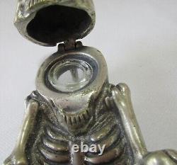 Superb Flirty Eyes Skeleton Inkwell, Nickeled Bronze, Very Detailed, Must See