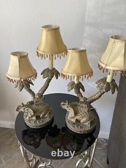 Table Lamp PAIR Elephant Tropical Palm Trees 17 Double Light Each One Must SEE