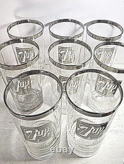 ULTRA RARE 1960s 1970s 7up Silver Rim Glass 5.5 Tumbler Set Of 8 Must SEE