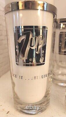 ULTRA RARE 1960s 1970s 7up Silver Rim Glass 5.5 Tumbler Set Of 8 Must SEE